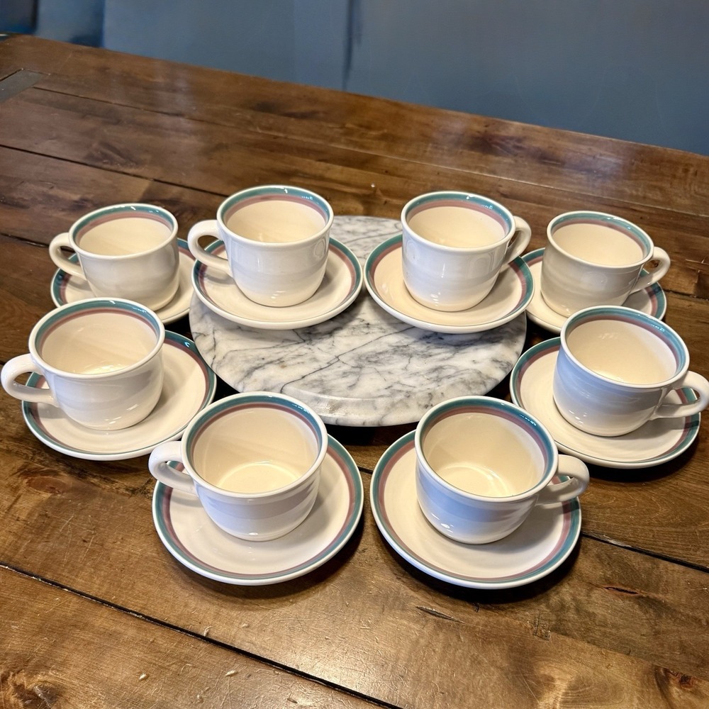 16pc VTG 1990s Y2K Pfaltzgraff Juniper Cups & Saucers Purple Teal Stoneware Mugs